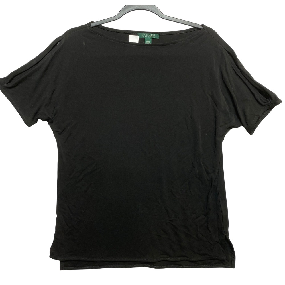 Lauren Ralph Lauren Top Womens L Black Boat Neck Split Sleeve Knit Blouse